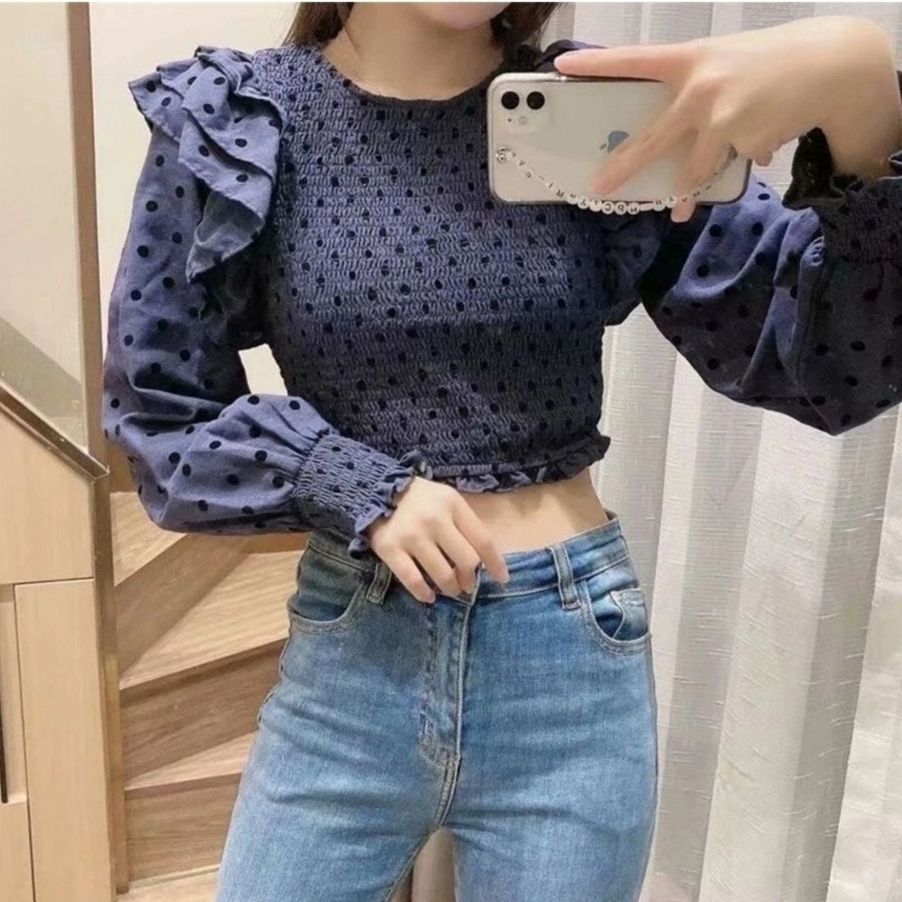 Zara Blue Ruffled Smocked Long Sleeve Blouse Sz L